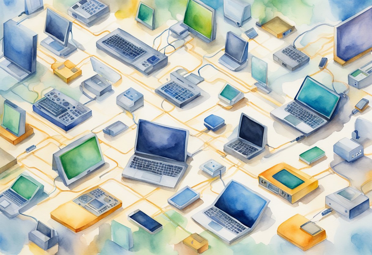 A network of tech tools and devices connect and interact, symbolizing the influence and impact of technology on modern society