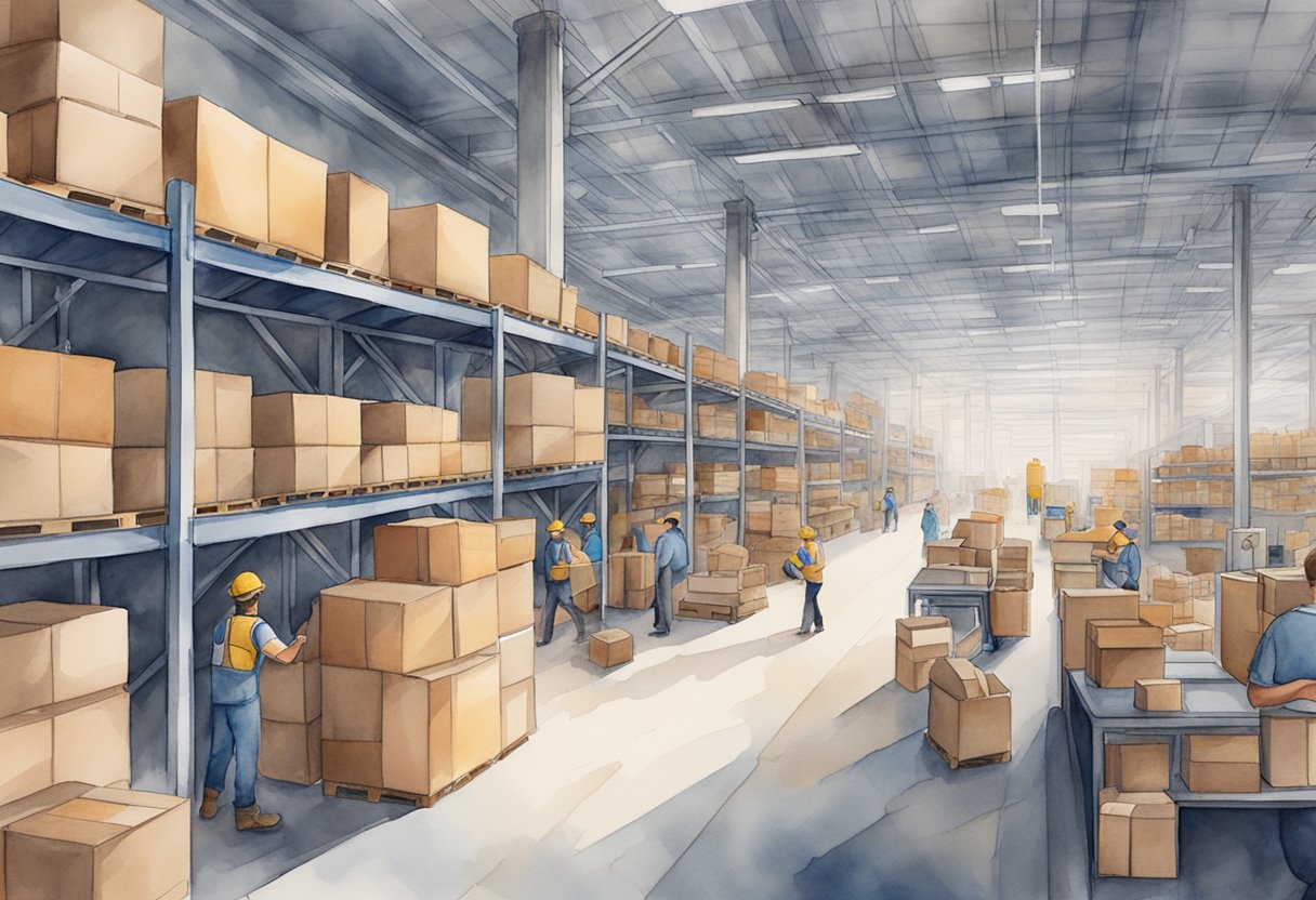 A busy warehouse with shelves filled with Amazon FBA products, workers packing boxes, and delivery trucks lined up outside