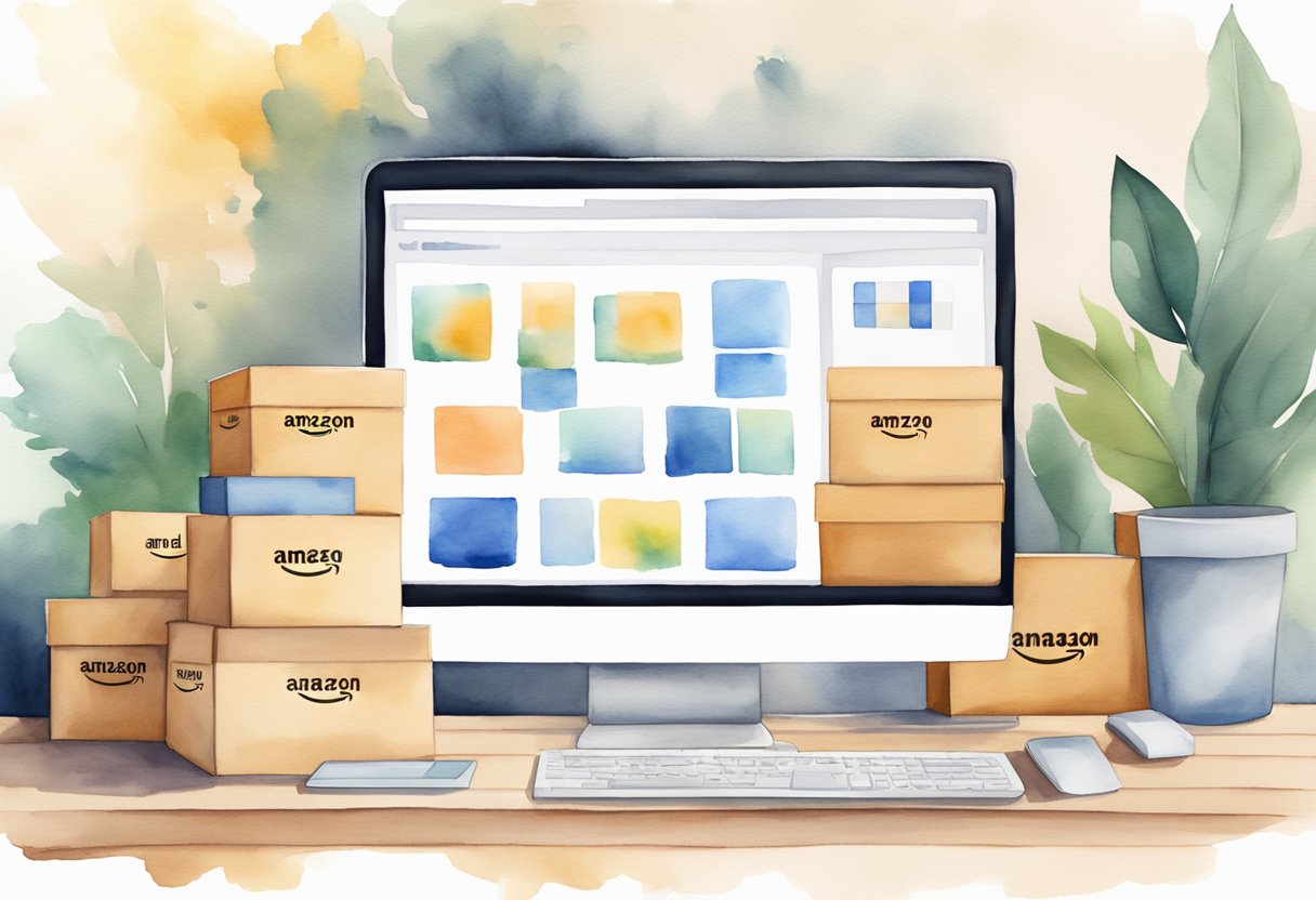 A computer screen displays the Amazon Seller Account setup process. Boxes of inventory sit nearby, ready to be labeled and shipped