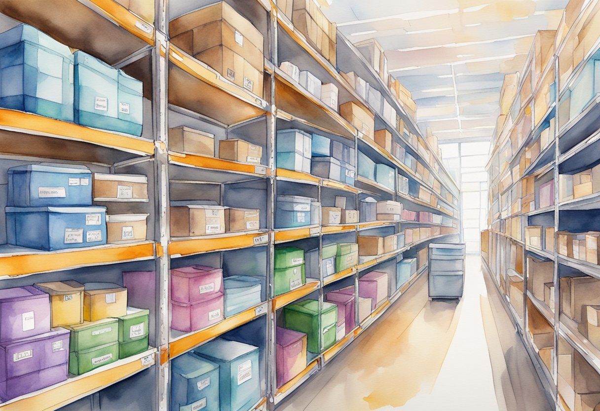 Amazon FBA products organized on shelves, inventory management labels, and barcode scanners in action