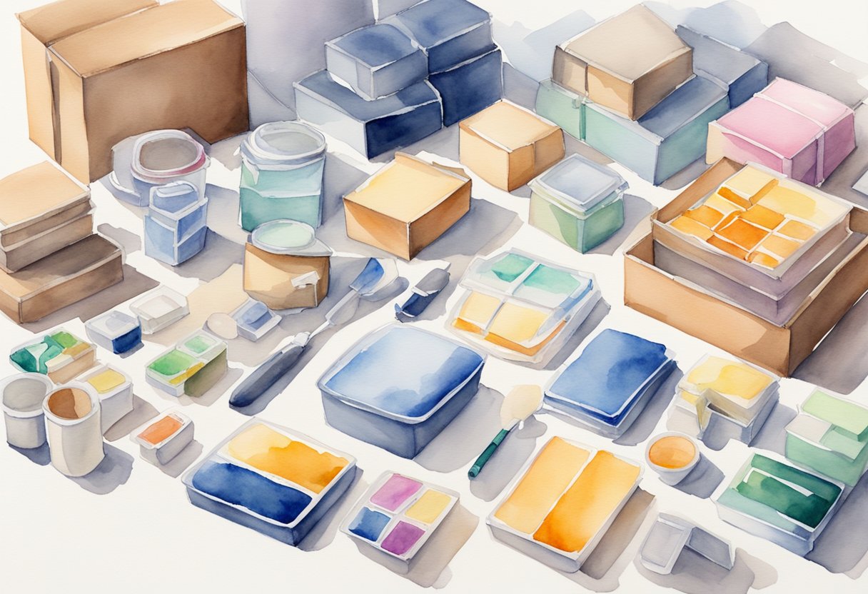 Products arranged neatly on a table, labeled and packaged for shipping. Boxes and packing materials ready nearby