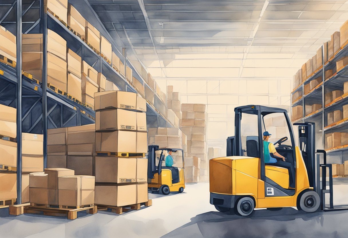 Packages stacked in a warehouse, labeled for Amazon FBA. A conveyor belt moves boxes towards shipping area. Forklifts load pallets onto trucks