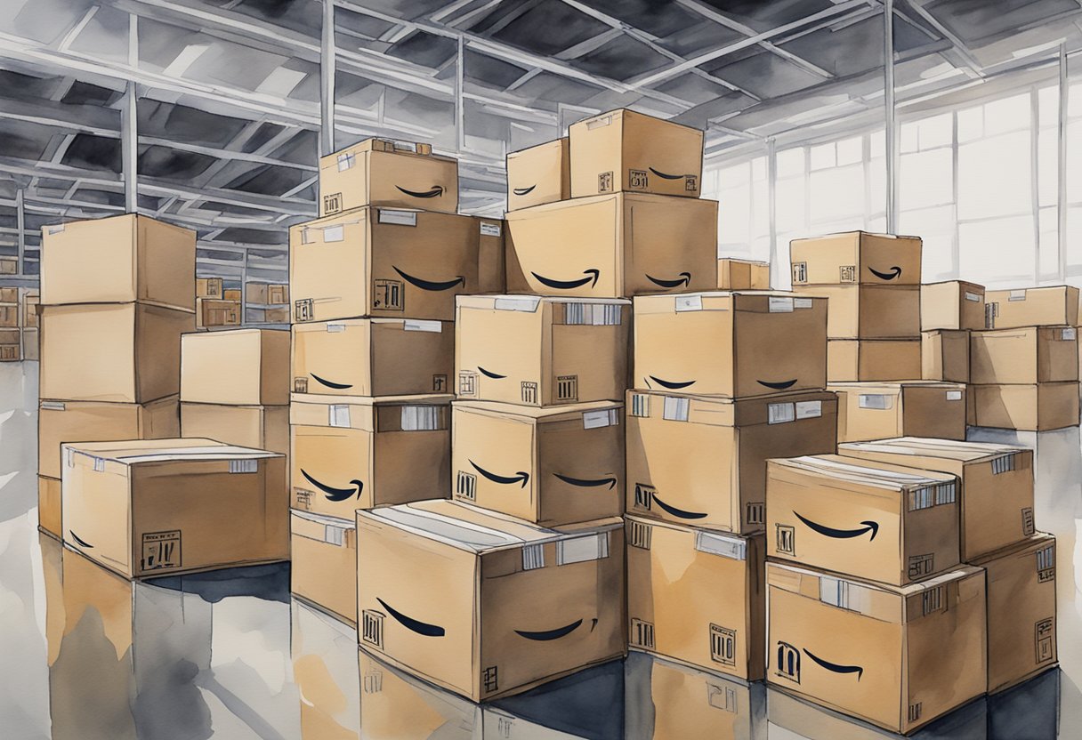 A stack of Amazon boxes labeled "Fulfillment by Amazon" sits in a warehouse, ready for shipment