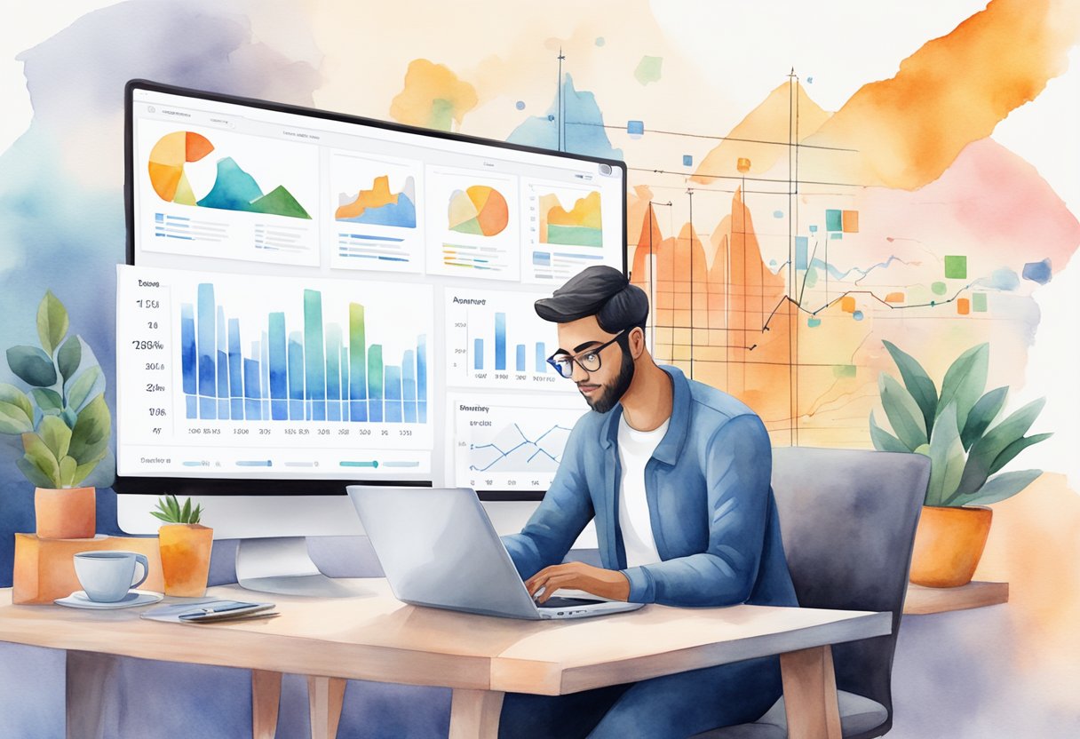 A person researching products on a laptop, surrounded by market analysis charts and graphs, with Amazon's logo in the background