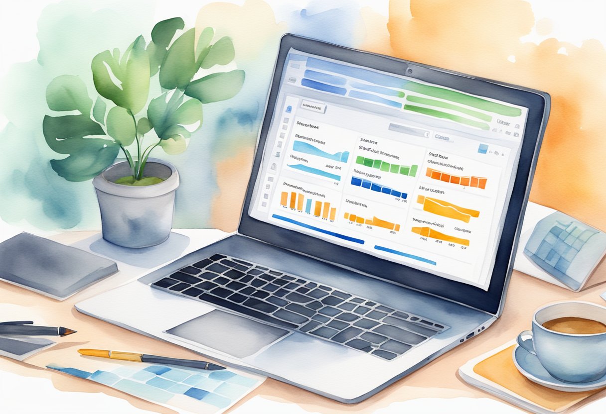 A laptop displaying Amazon product listings with keywords and optimized content. Graphs and charts showing sales and ranking data