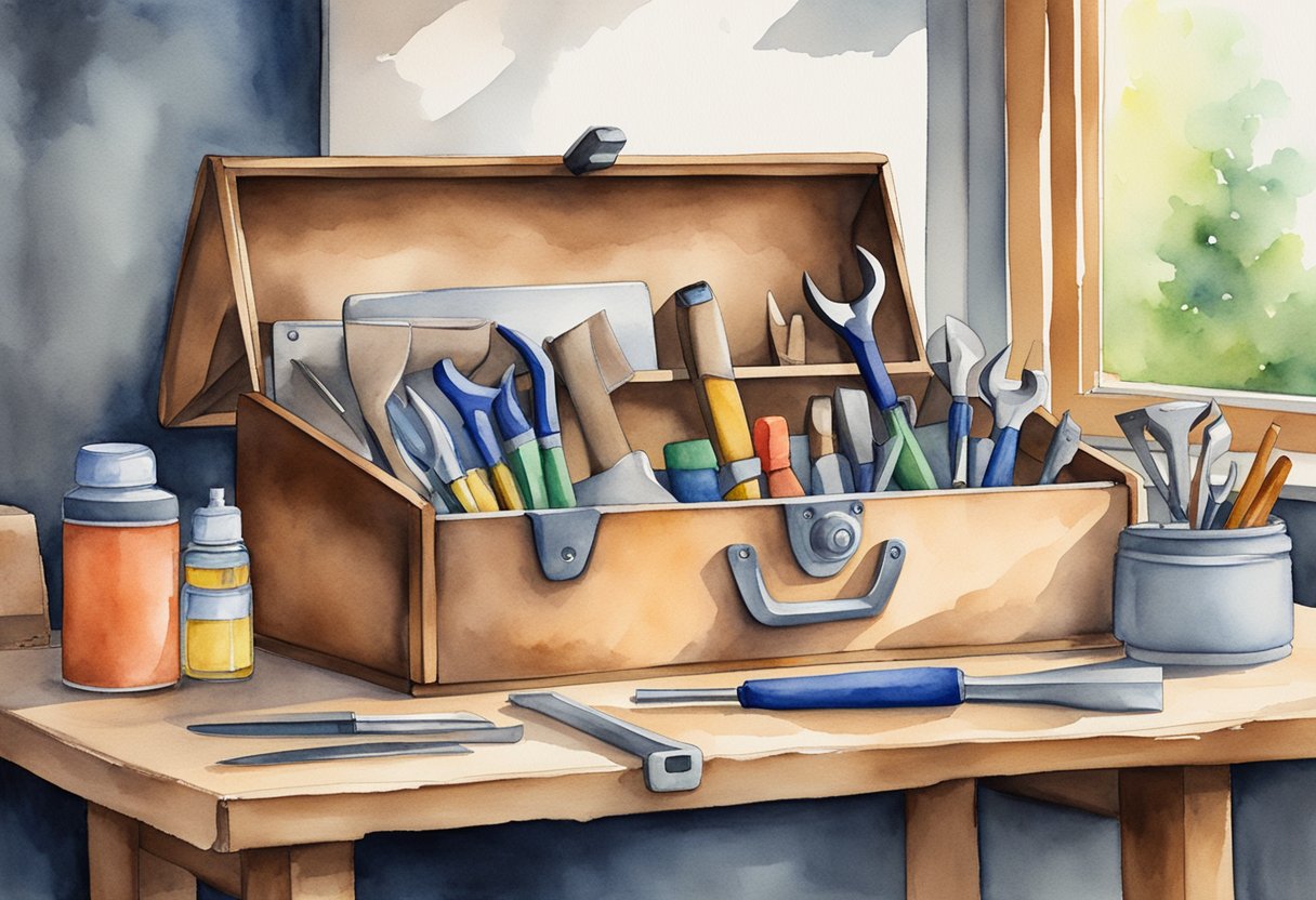 A toolbox sits open on a wooden workbench, with various tools neatly arranged inside. A sign with the business name "Fix-It Fast" hangs on the wall above