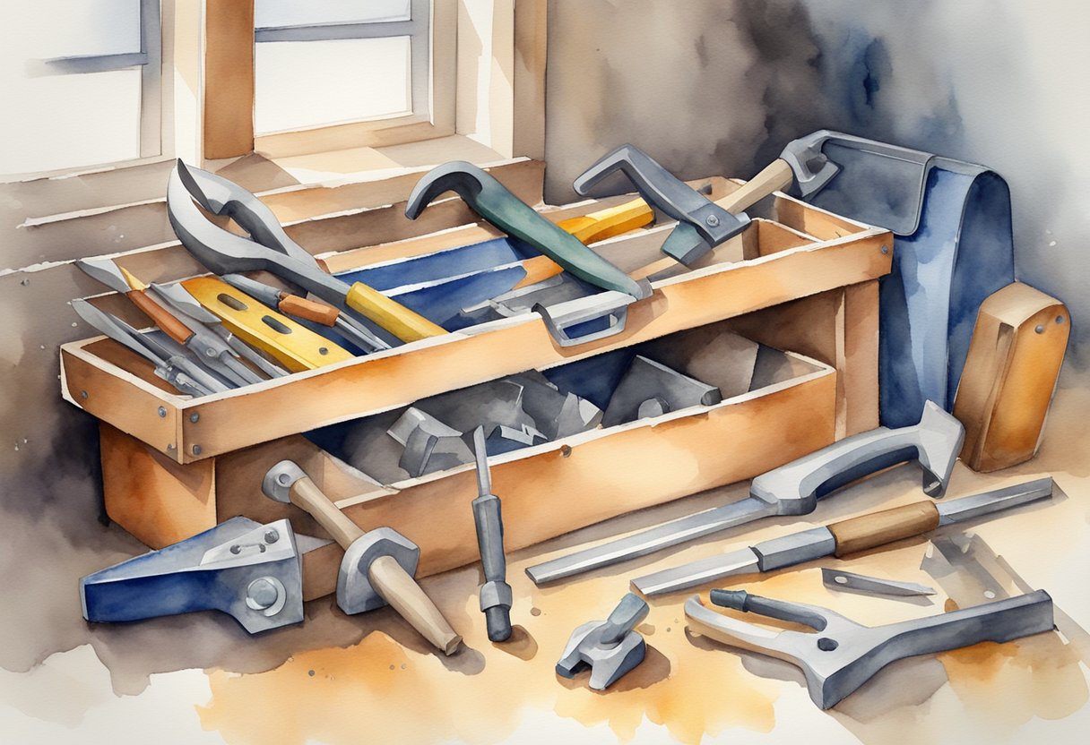 A toolbox with various tools scattered around it, a workbench with a hammer and nails, and a ladder leaning against a wall