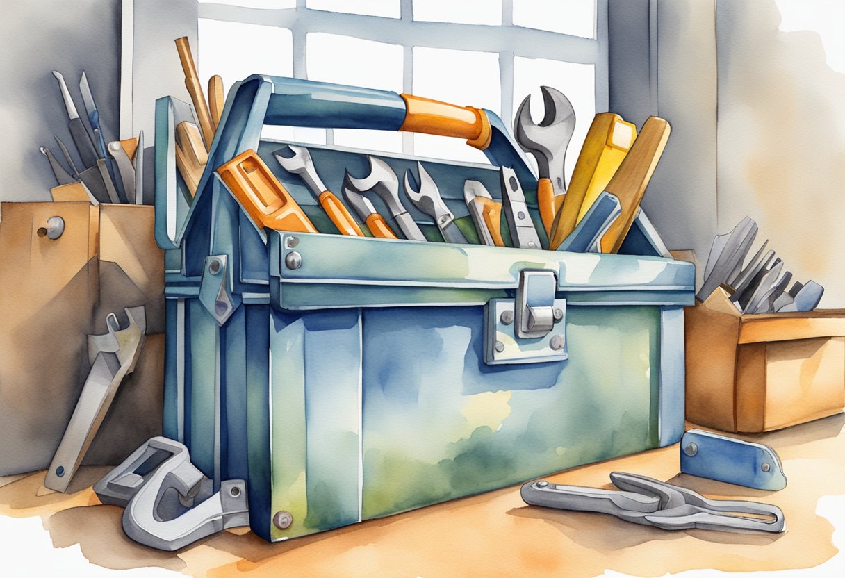 A toolbox bursting with tools, with a bright, eye-catching logo on the side. A line of satisfied customers eagerly waiting to get their household tasks done