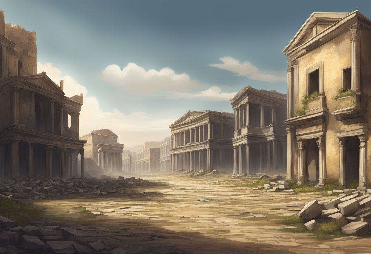 A desolate landscape with empty streets and abandoned buildings, symbolizing the impact of the Antonine Plague on the ancient Roman Empire