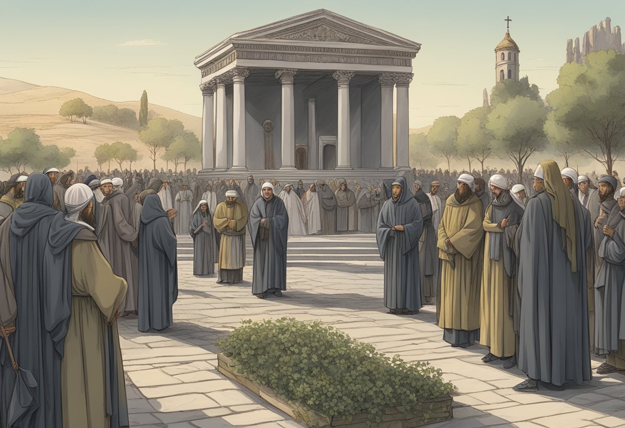 A solemn procession of mourners and religious figures, gathered around a sacred site, paying homage to the victims of the Antonine Plague