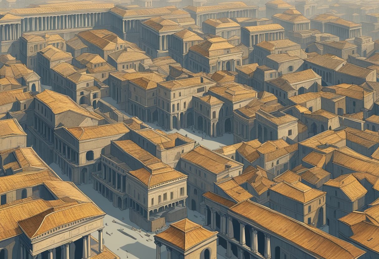 A desolate ancient Roman city, with empty streets and crumbling buildings, as the Antonine Plague ravages the population