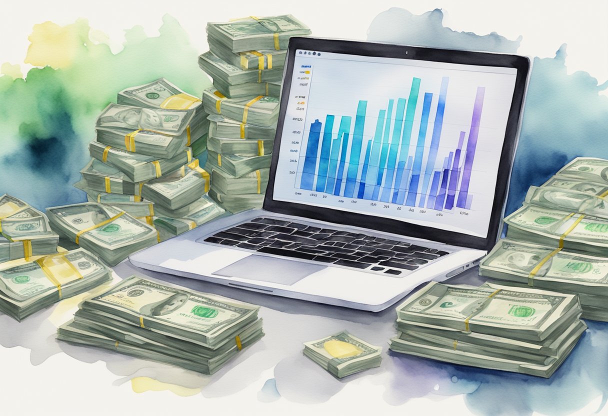 A laptop surrounded by stacks of cash and a graph showing increasing profits