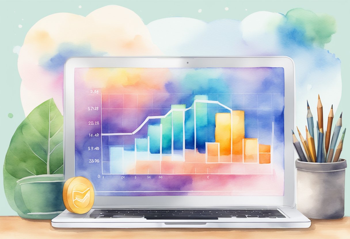 A laptop displaying the Flippa website with positive reviews and a 5-star rating. A graph showing an upward trend in user satisfaction