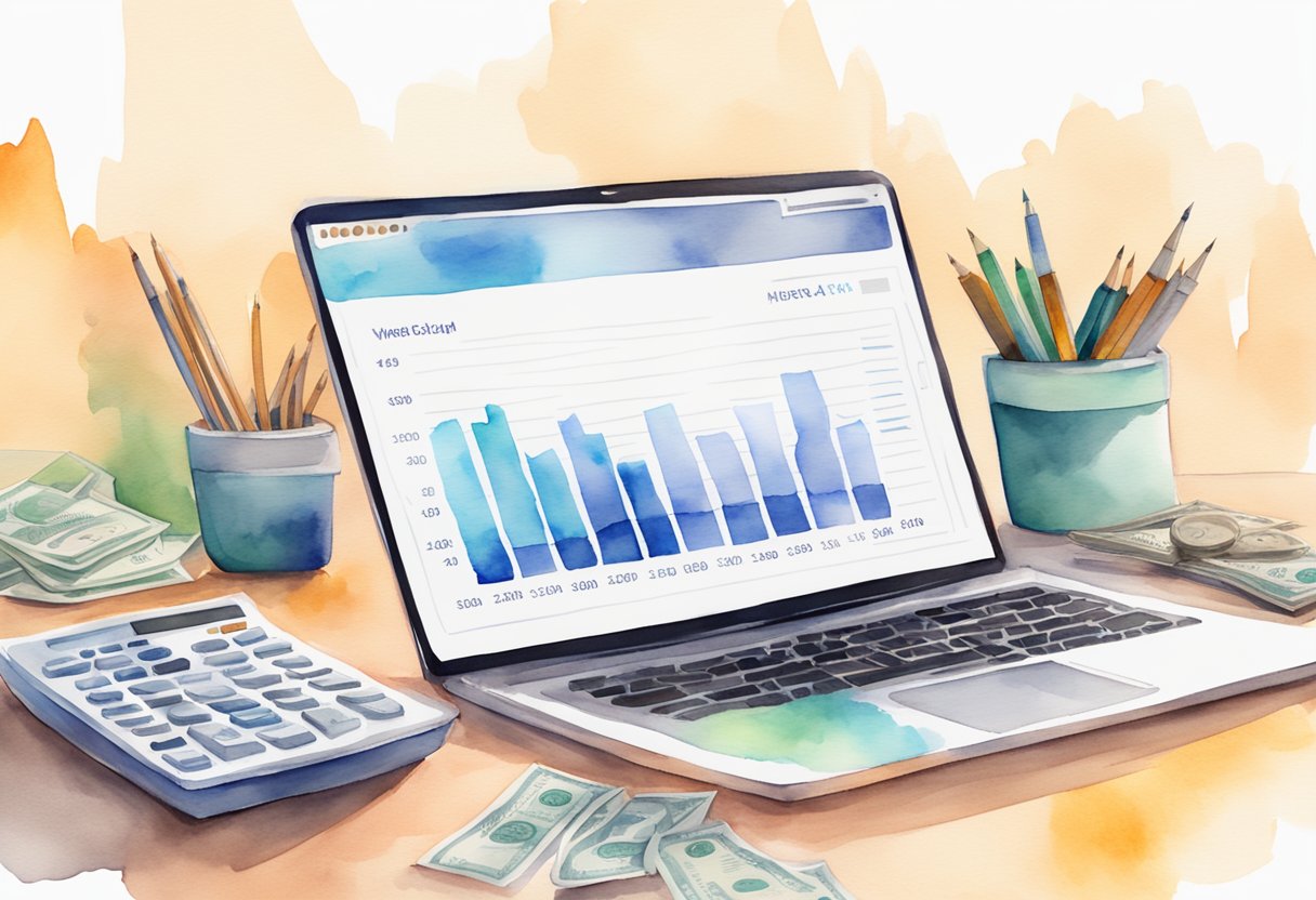 A laptop displaying Flippa website with charts and financial data. A stack of money and a calculator on the desk