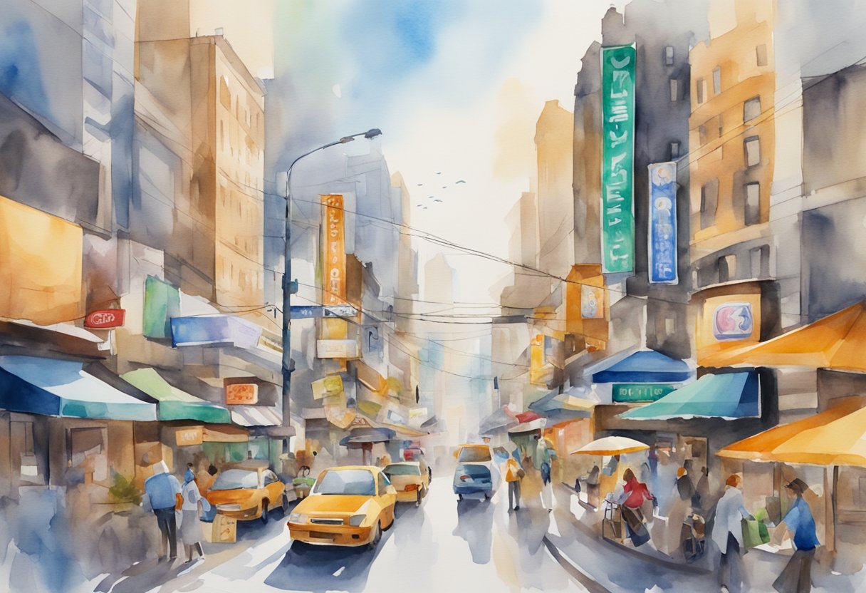 A bustling city street with vibrant signs and logos of various marketing businesses, showcasing creativity and innovation