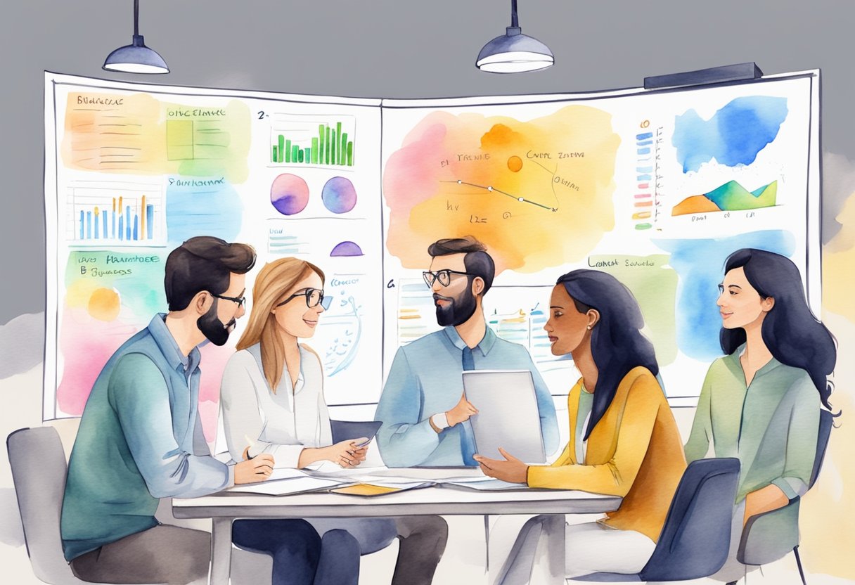 A group of people brainstorming and discussing various marketing strategies to generate unique and catchy business names. Whiteboard with lists and charts