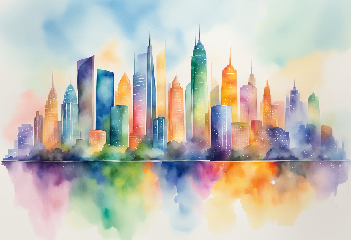 A vibrant, modern city skyline with prominent business names and logos displayed on towering buildings, showcasing the role of branding in name selection