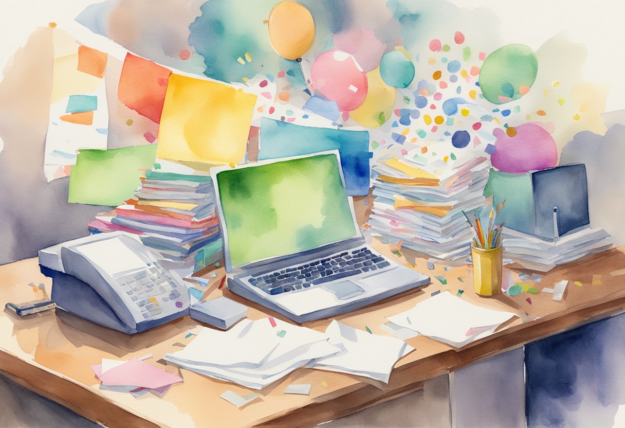 A desk cluttered with papers, a computer screen displaying positive feedback, and a celebratory party popper lying on the table