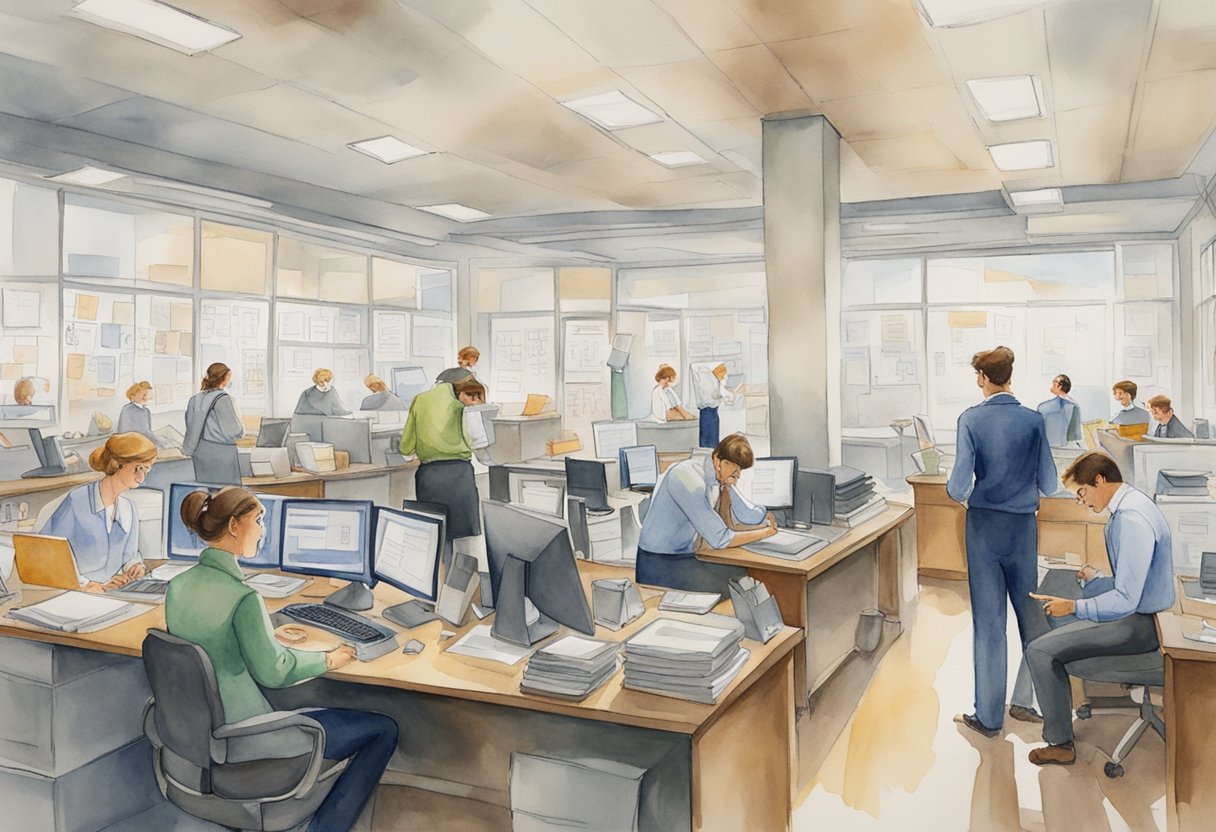 A bustling office with workers engaged in tasks, some smiling while others appear stressed. Posters on the walls depict "pros" and "cons" of dynamite jobs