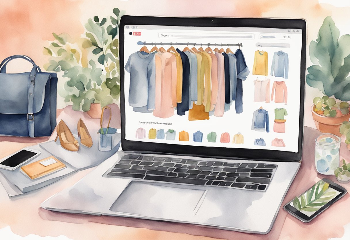 A laptop displaying the Poshmark website with a "Seller's Guide" open, surrounded by fashionable clothing items and accessories