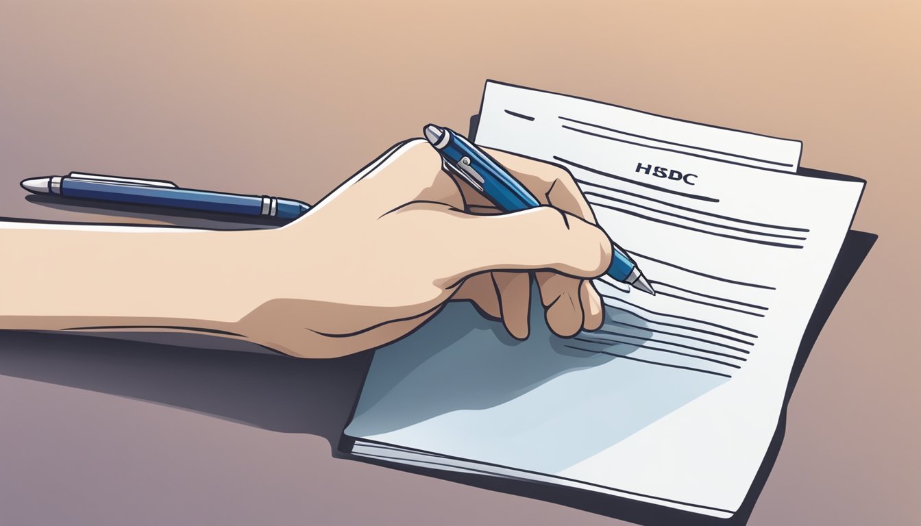 A hand holding a pen signs a contract for an HSBC Personal Line of Credit in Singapore