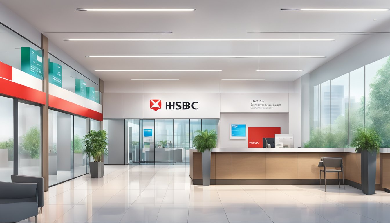 A bright, modern bank branch with HSBC branding and signage. A clean and professional environment with a focus on personal finance and credit options