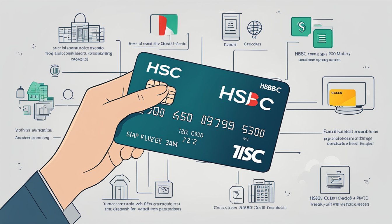 A hand holding an HSBC credit card, with a line of credit displayed on a digital screen, surrounded by icons representing different features and benefits
