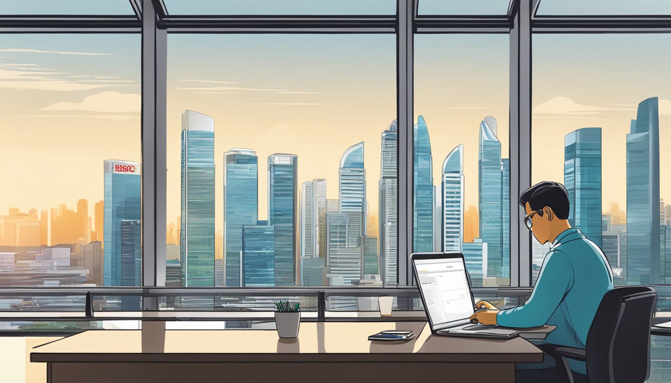 A person sitting at a desk, filling out an application form for an HSBC Personal Line of Credit. The Singapore skyline is visible through the window
