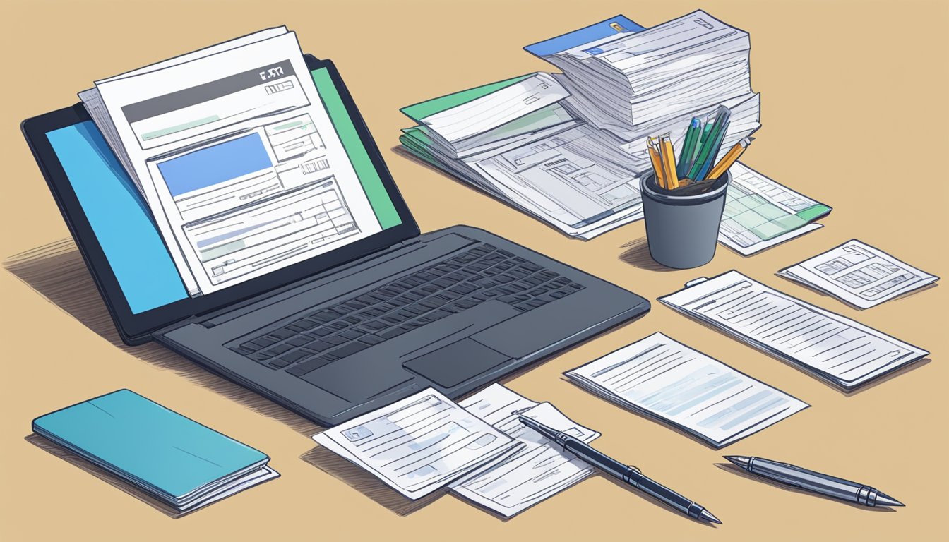 A desk with a laptop, ID card, pay stubs, and bank statements spread out. A checklist of required documents and a pen nearby