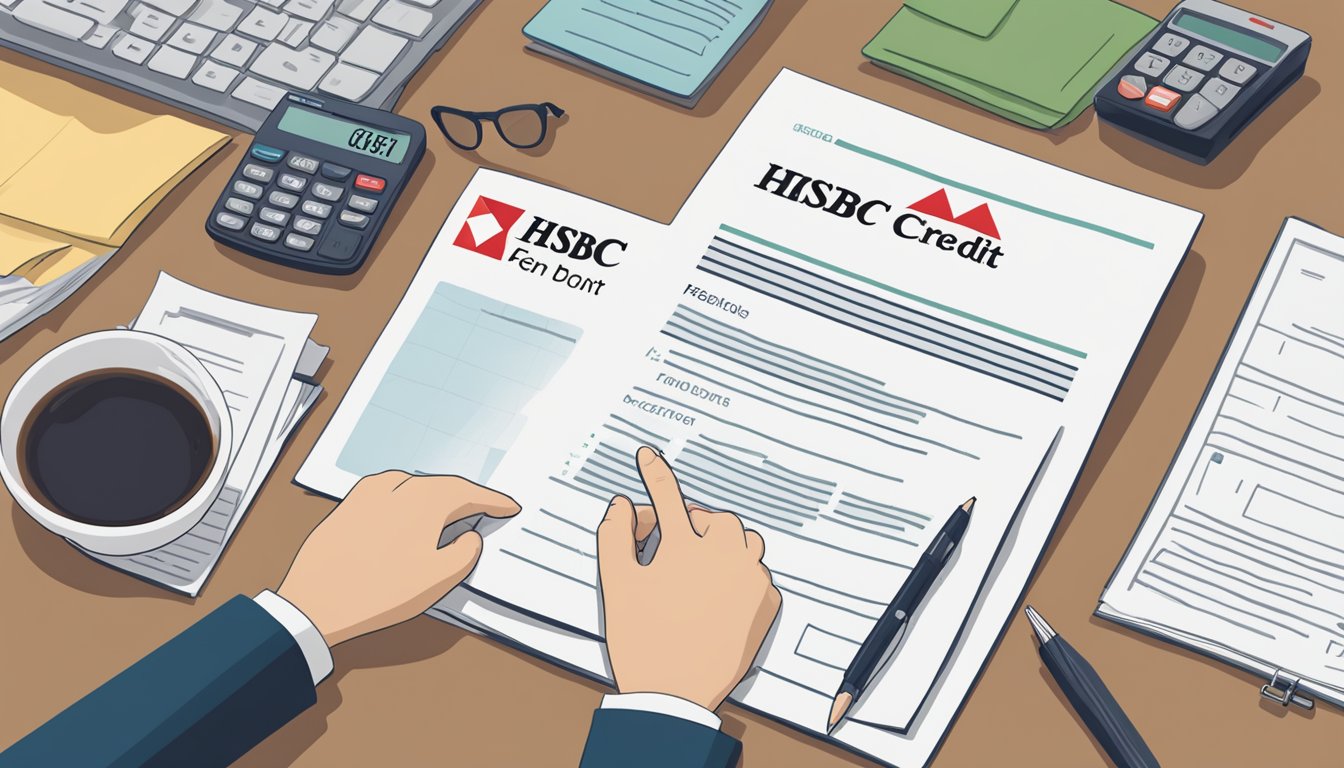 A hand reaches for an HSBC Line of Credit document on a desk, with the HSBC logo visible. The document shows "Personal Line of Credit tenor Singapore" in bold lettering
