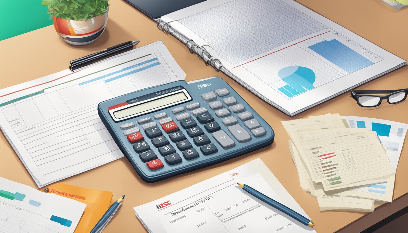 A table with documents and a calculator, HSBC logo in the background