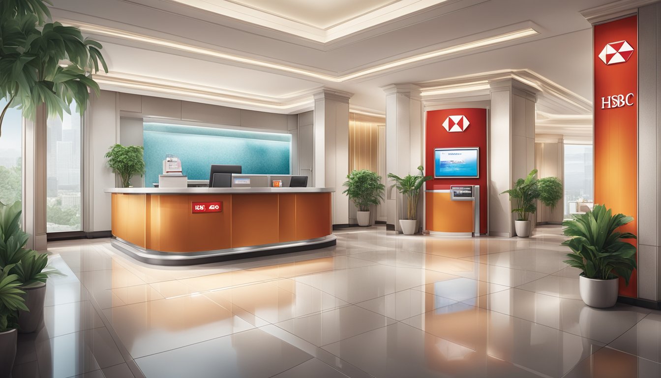 A luxurious bank setting with the HSBC logo prominently displayed, showcasing exclusive offers and eligibility requirements for the Personal Line of Credit in Singapore