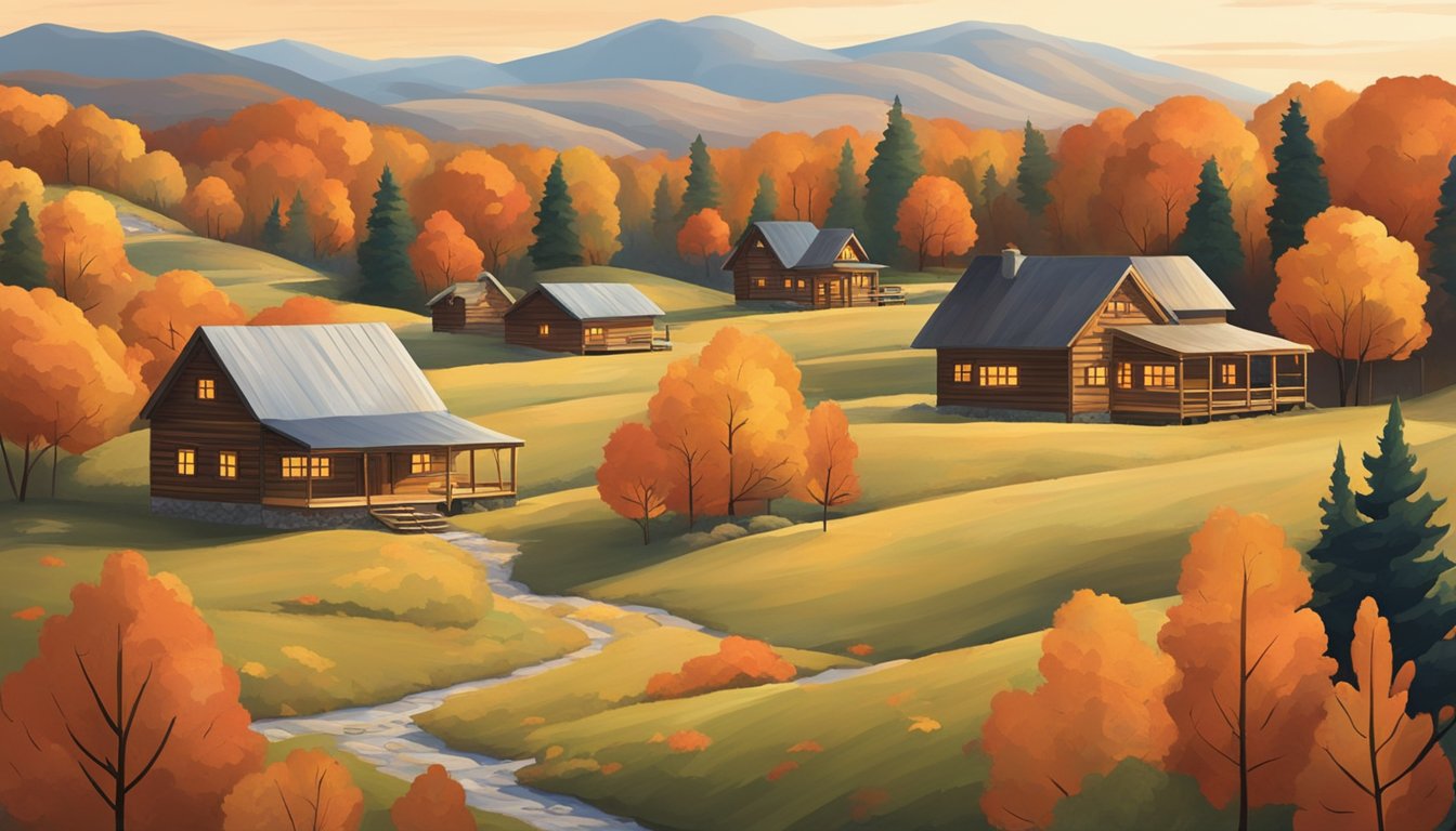 Vibrant fall foliage covers the rolling hills and mountains, while cozy cabins and campfires dot the landscape. The air is crisp and cool, with a hint of woodsmoke and pumpkin spice