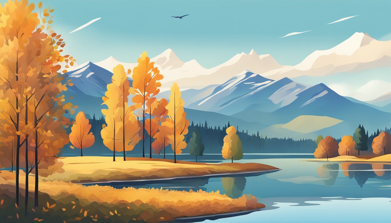 A scenic landscape with colorful autumn foliage, a clear blue sky, and a tranquil lake surrounded by mountains. The scene exudes a peaceful and serene atmosphere, perfect for capturing the beauty of October travel destinations