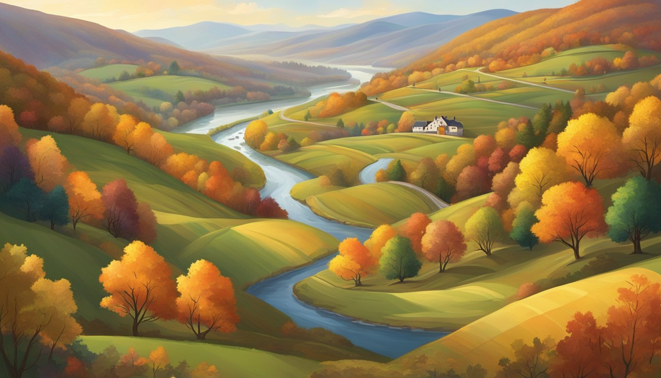 Vibrant leaves blanket the rolling hills and winding rivers of a picturesque countryside, showcasing a stunning array of autumn colors