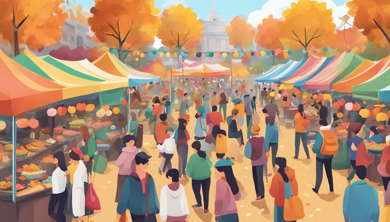 A bustling festival with colorful decorations, food stalls, and lively music. People gather in outdoor venues, enjoying the autumn weather and participating in various cultural events