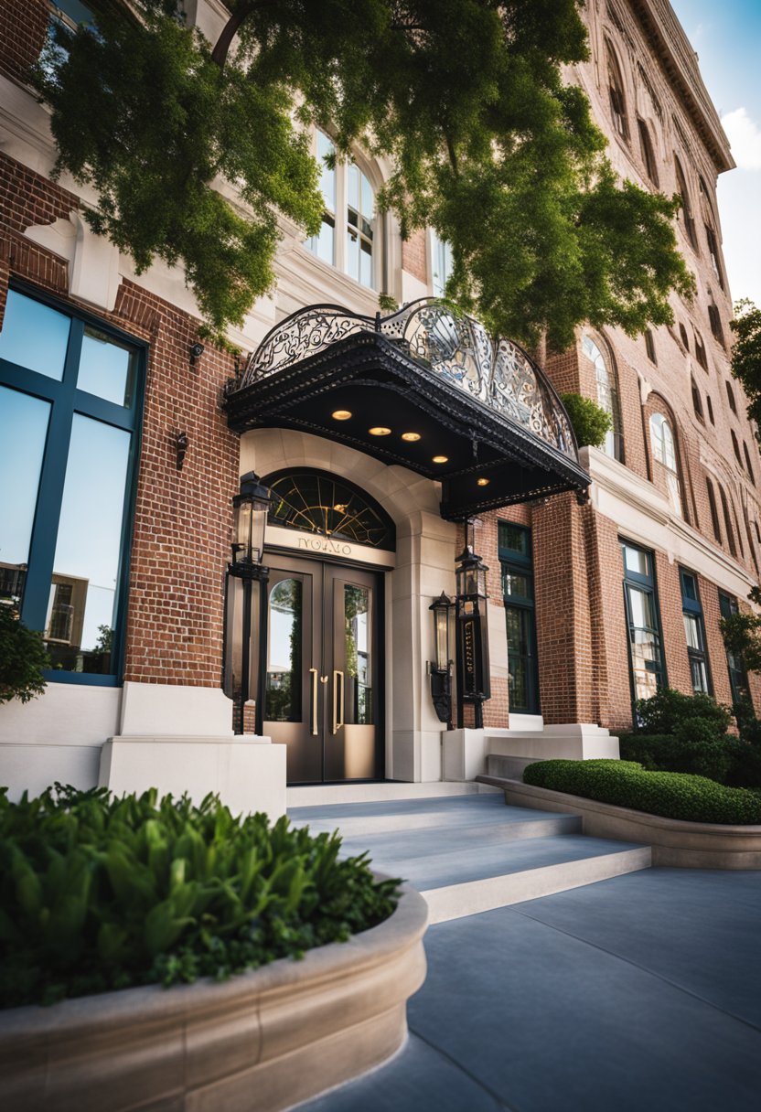 Iconic Accommodations and Amenities: Historical Hotels in Waco. The grand facade of Hotel Indigo Waco - Baylor stands tall, with intricate architectural details and a welcoming entrance, surrounded by lush landscaping