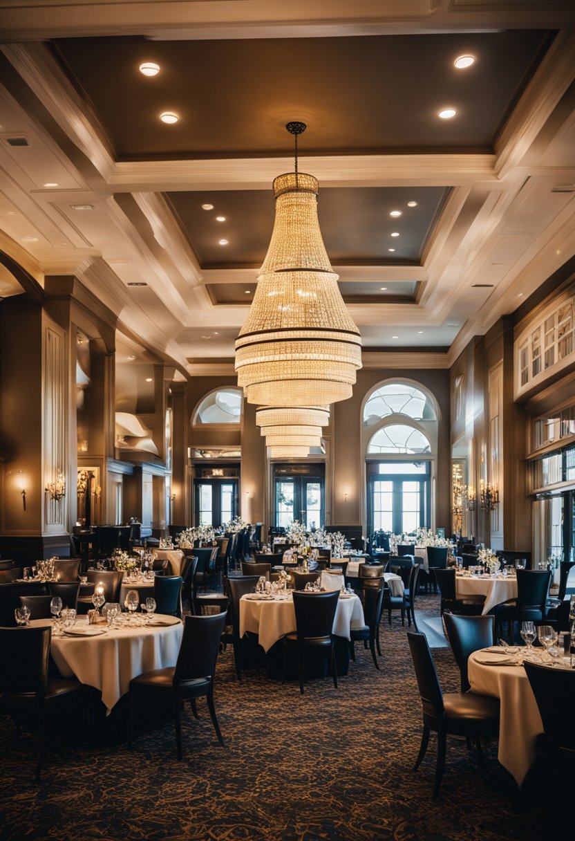 Dining and Entertainment: Historical Hotels in Waco. A bustling dining room with elegant decor and live entertainment at a historic hotel in Waco