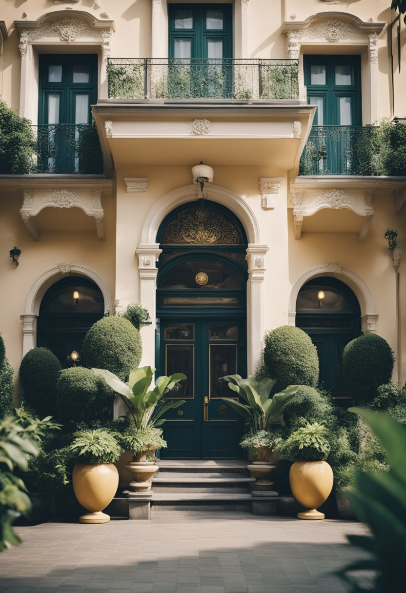 A vintage hotel facade with ornate details and a grand entrance, surrounded by lush gardens and historic architecture