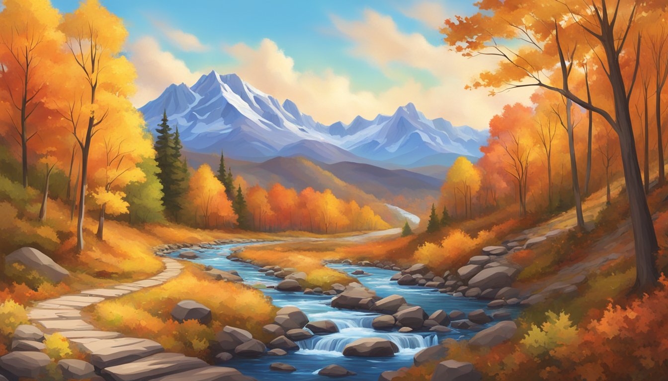 A winding trail leads through vibrant fall foliage, with a crystal-clear stream babbling alongside. In the distance, majestic mountains rise against a brilliant blue sky