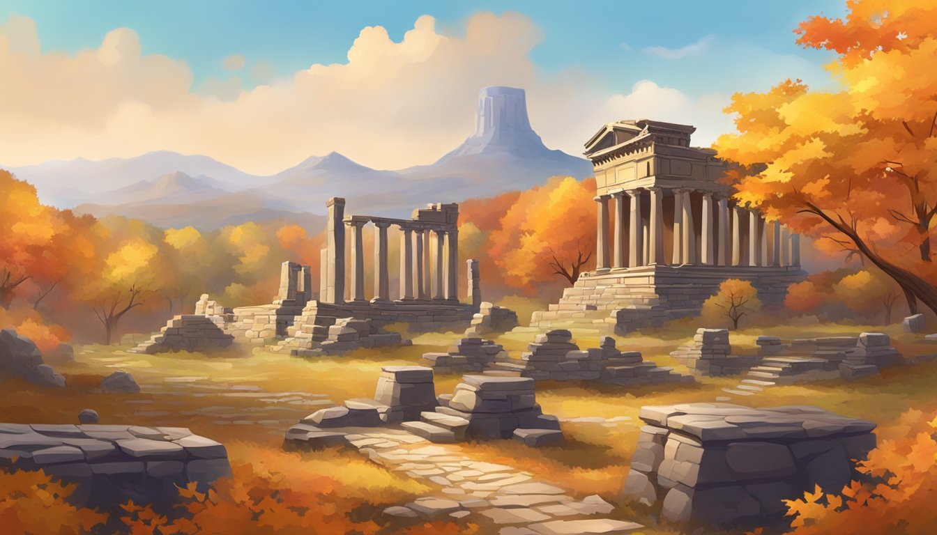 Ancient ruins surrounded by vibrant fall foliage, with a backdrop of historical landmarks and cultural sites