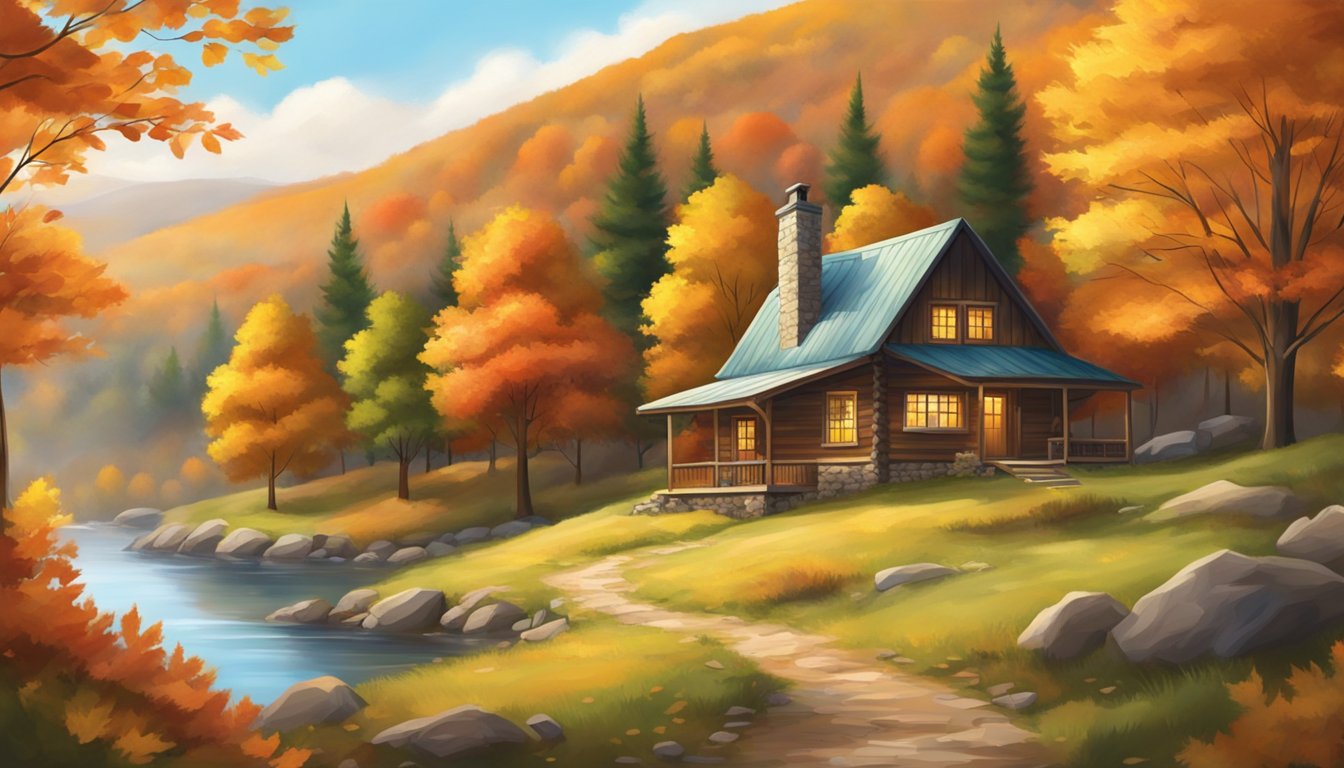 Vibrant autumn foliage covers the rolling hills and picturesque countryside. A cozy cabin nestled among the trees exudes warmth and invites relaxation
