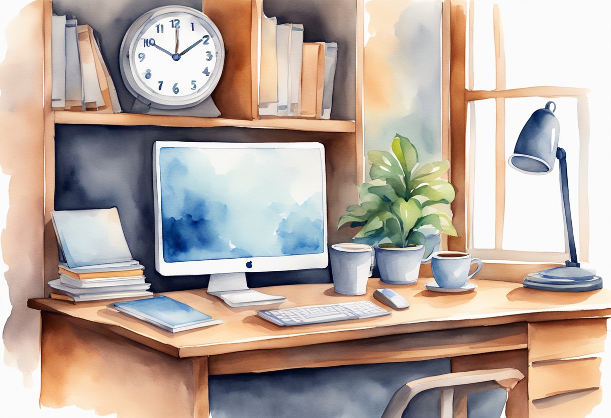 A desk with a computer, notebook, and coffee mug. A clock on the wall. A tidy, organized workspace with a bright, focused atmosphere