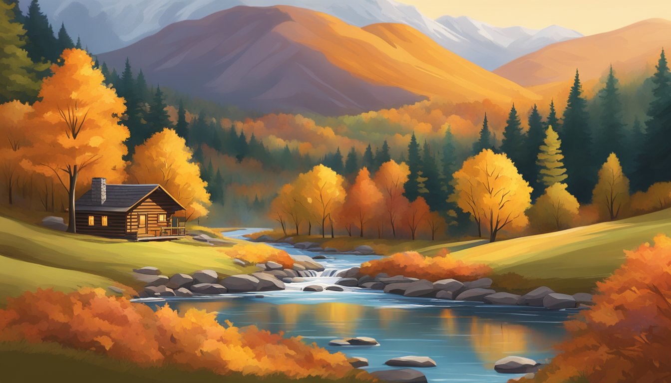 Vibrant fall foliage surrounds a cozy cabin nestled in the mountains. A winding river flows nearby, reflecting the warm hues of the season