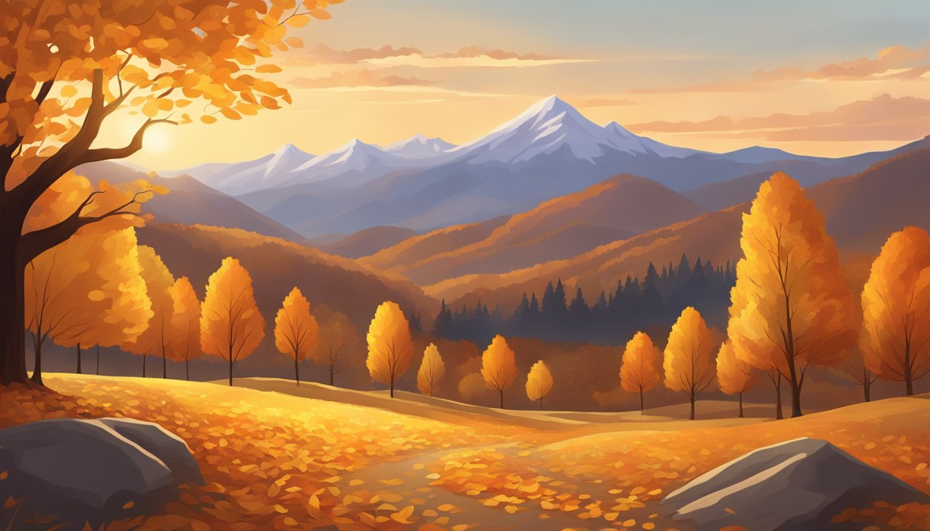 Golden leaves cover the ground, with a crisp autumn breeze. A scenic mountain range looms in the distance, as the sun sets behind it, casting a warm glow