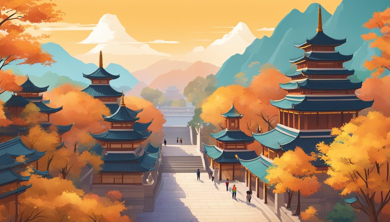 Vibrant fall foliage frames iconic Asian landmarks, with clear skies and mild temperatures. Tourists wander through ancient temples and bustling markets