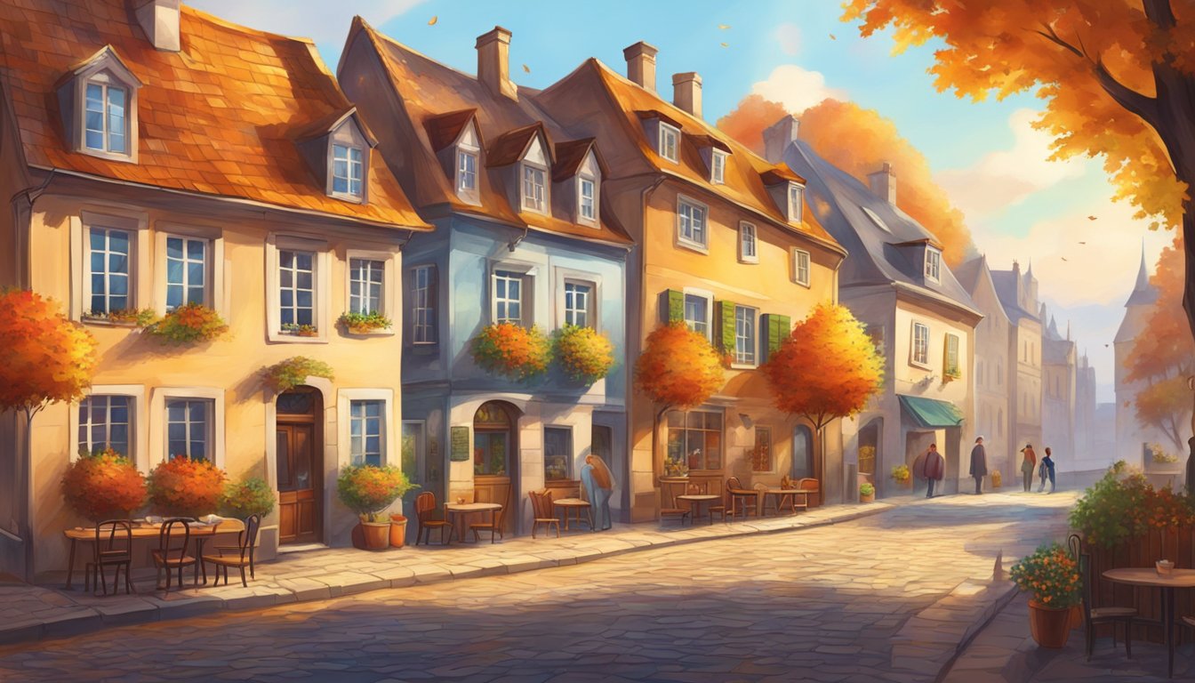 Vibrant autumn foliage in European countryside, with charming old towns and cozy cafes. Crisp, cool air and peaceful ambiance
