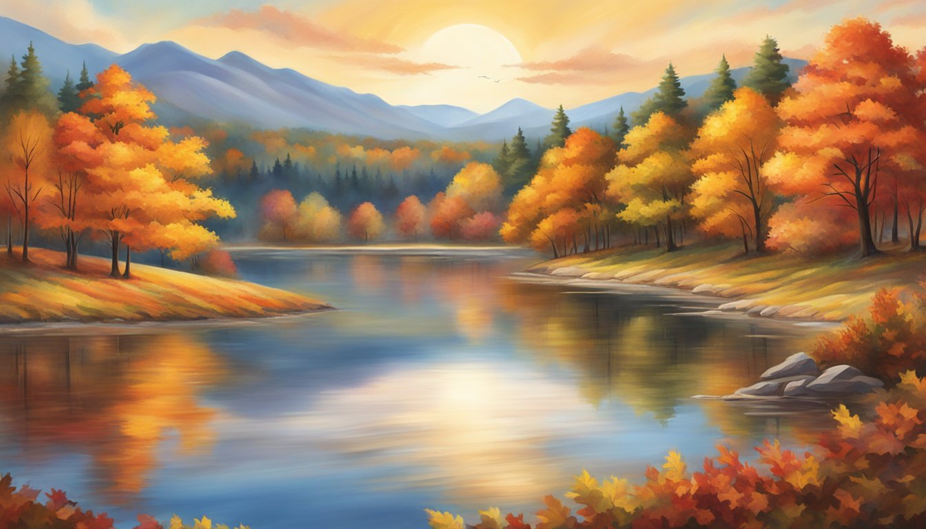 Vibrant fall foliage blankets the landscape, with a mix of red, orange, and yellow hues. A tranquil lake reflects the colorful trees, creating a picturesque autumn scene