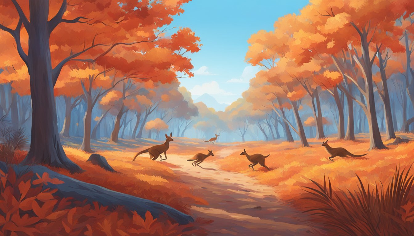 Vibrant red and orange leaves cover the ground in a peaceful forest setting, with kangaroos hopping in the distance and a clear blue sky overhead
