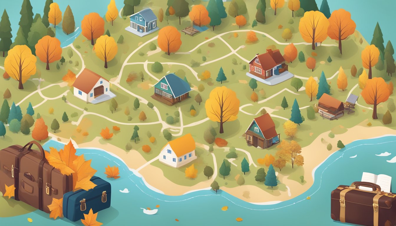 A map of November destinations with colorful leaves, cozy cabins, and warm drinks. A calendar with dates circled and a suitcase packed with essentials